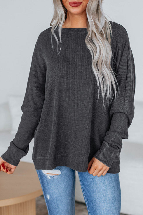Waffle Knit Drop Shoulder Wide Crewneck Banded Hem Loose Fit Top